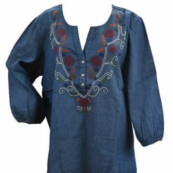 New! Size Large Womens Embroidered Denim Blouse top - Picture 1 of 2